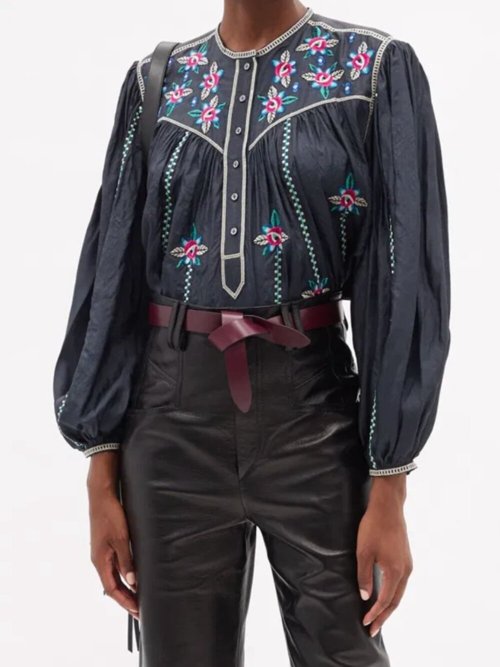 Isabel Marant Caitlyn Floral-Embroidered Silk Black Blouse 100% Silk